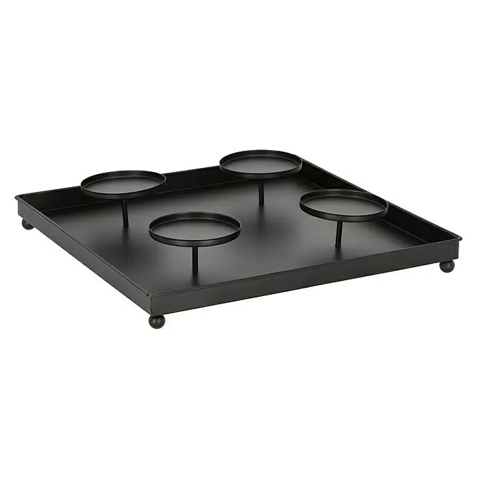 Adventskranz Teelicht - Schwarz, Metall - Schwarze quadratische Teelichthalter-Schale aus Metall mit vier erhöhten runden Haltern und kleinen Kugelfüßen.