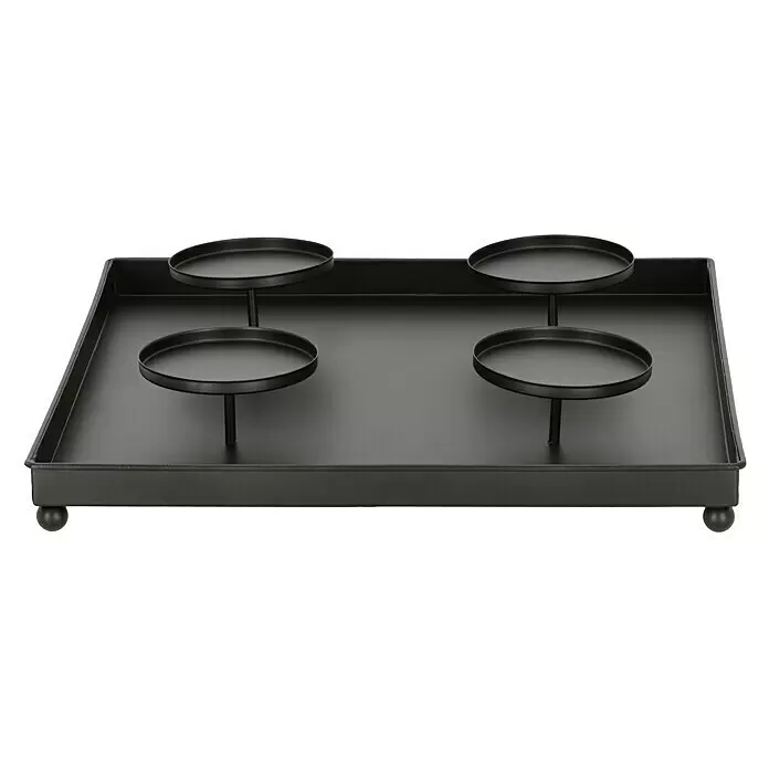 Adventskranz Teelicht - Schwarz, Metall - Schwarzes rechteckiges Metalltablett mit vier runden Kerzenhaltern.
