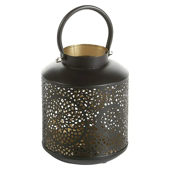 Windlicht Corda - Ø x H: 14 x 18 cm, Schwarz/Gold - Dekoratives Windlicht in Schwarz mit filigranem Muster und goldenem Innenraum für stimmungsvolles Licht.