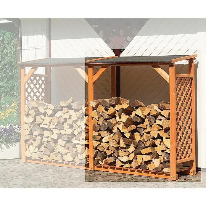 Promadino Kaminholzregal Erweiterung - 120 x 68 x 148 cm, Holz, Honigbraun - Holzlager mit Gitterstruktur und Dach, gefüllt mit Brennholz, ideal zur Lagerung und Trocknung von Holz im Außenbereich.