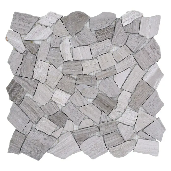 Mosaikfliese Uni CIOT 30/2012 - 30,5 x 32,2 cm, Grau, Matt - Nahaufnahme eines Musters aus grauen, unregelmäßig geformten Mosaikfliesen auf einem Netzträger, ideal für stilvolle Wand- und Bodenbeläge.