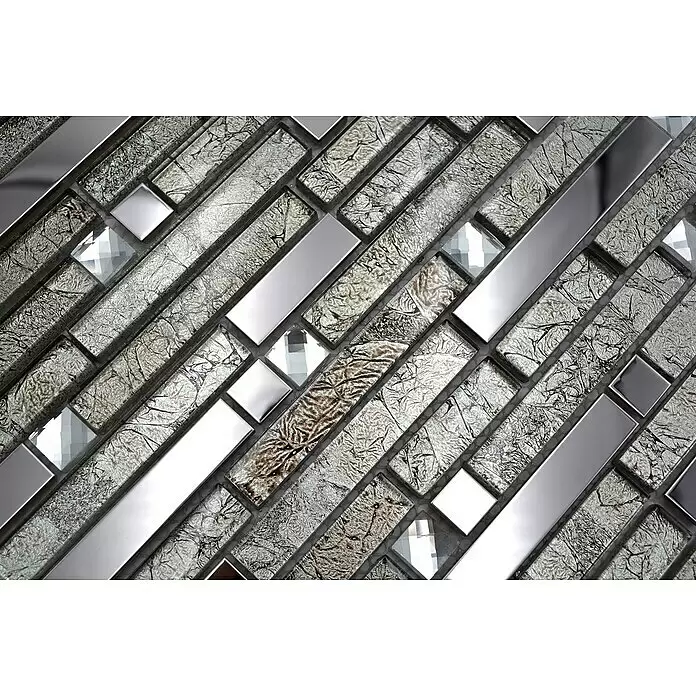 Mosaikfliese Crystal Mix XCM GV908 - 29,8 x 33,8 cm, Silber, Glänzend - Dekorative Mosaikfliesen aus strukturiertem Glas, poliertem Metall und facettiertem Klarglas in Silber- und Brauntönen.