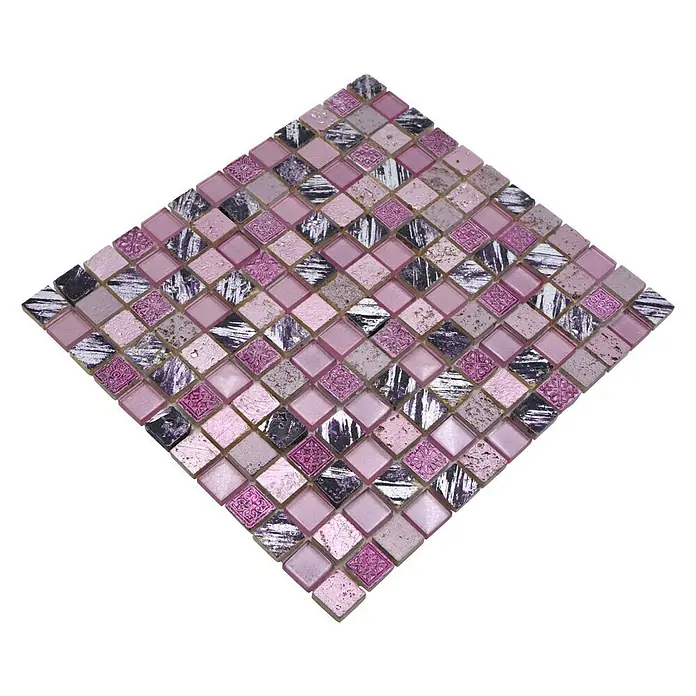 Mosaikfliese Quadrat Crystal Mix XCM CB 35 - 32,7 x 30,2 cm, Pink, Glänzend - Elegantes Mosaikmuster in Lila- und Silbertönen, ideal für stilvolle Wand- und Bodengestaltung. Ein Hauch von Luxus für jeden Raum.