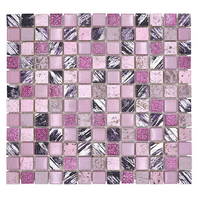 Mosaikfliese Quadrat Crystal Mix XCM CB 35 - 32,7 x 30,2 cm, Pink, Glänzend - Quadratisches Mosaik aus Glas und Stein in Rosa-, Lila- und Grautönen für Wand- und Bodendekoration.
