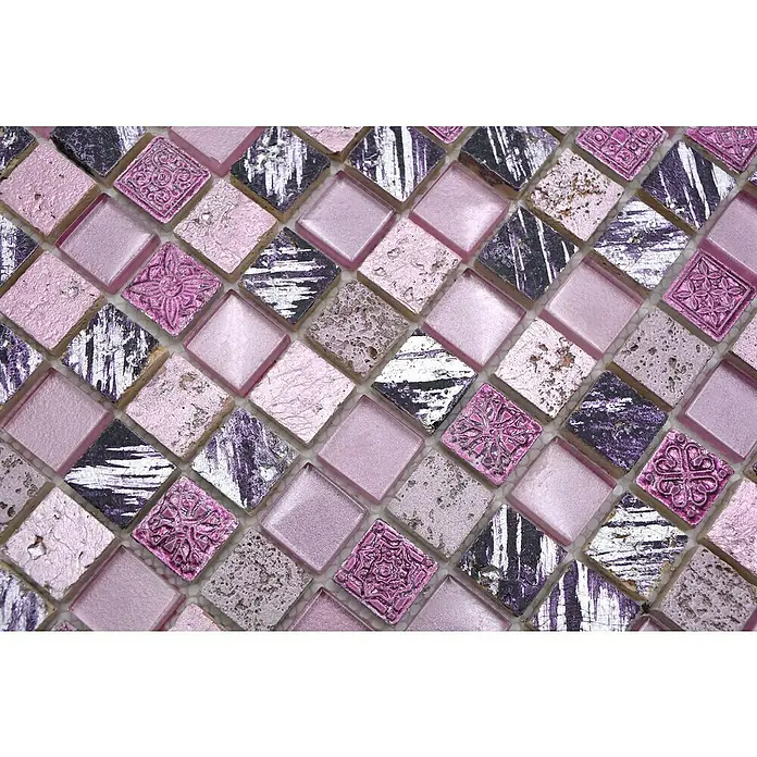 Mosaikfliese Quadrat Crystal Mix XCM CB 35 - 32,7 x 30,2 cm, Pink, Glänzend - Nahaufnahme eines Musters aus rosafarbenen Mosaikfliesen in verschiedenen Texturen.
