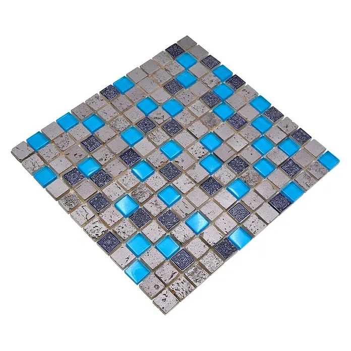 Mosaikfliese Quadrat Crystal Mix XCM CB 65 - 32,7 x 30,2 cm, Blau, Glänzend - Quadratische Mosaikfliese mit blauen, gemusterten und beigen Elementen. Ein dekoratives Mosaik für Wand- und Bodenbeläge.