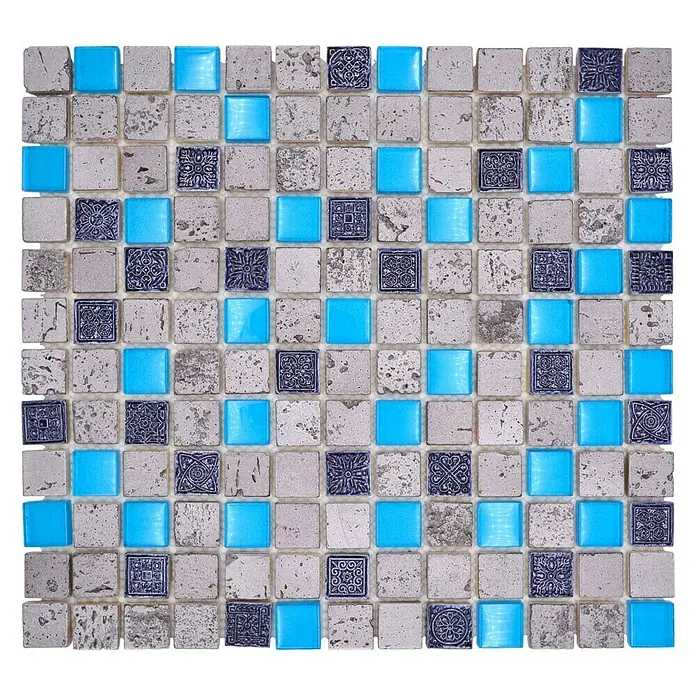 Mosaikfliese Quadrat Crystal Mix XCM CB 65 - 32,7 x 30,2 cm, Blau, Glänzend - Diese Aufnahme zeigt eine quadratische Fliesenmatte mit blauen, grauen und gemusterten Mosaikfliesen. Sie ist ideal für Bad und Küche.
