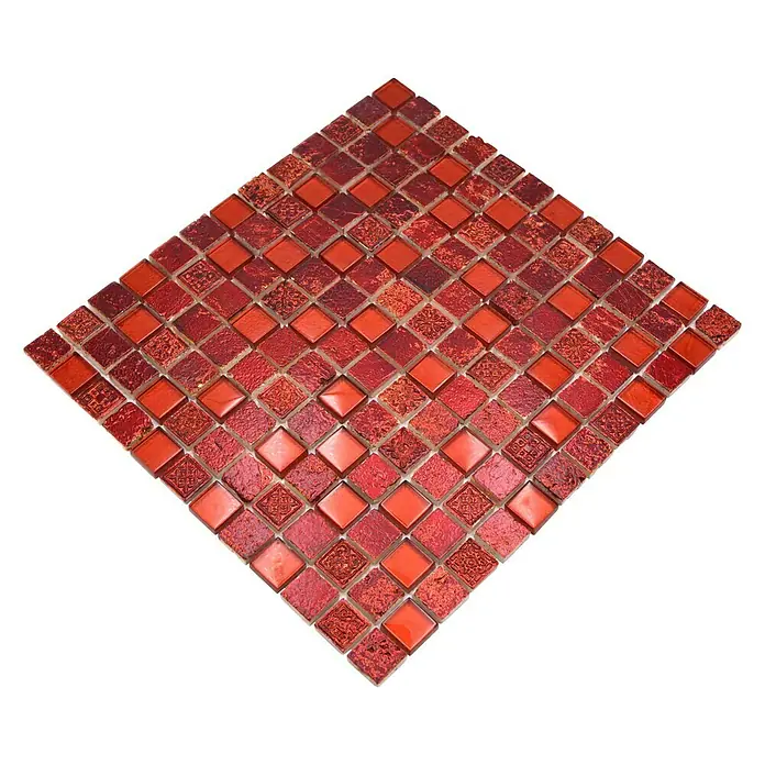 Mosaikfliese Quadrat Crystal Mix XCM CB 92 - 32,7 x 30,2 cm, Rot, Glänzend - Roter Mosaikfliesen-Diamant mit gemusterten und einfarbigen Fliesen, die eine warme und luxuriöse Oberfläche für jeden Raum schaffen.