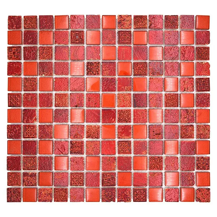 Mosaikfliese Quadrat Crystal Mix XCM CB 92 - 32,7 x 30,2 cm, Rot, Glänzend - Rote Mosaikfliesen, die ein quadratisches Muster bilden, ideal für Wand- und Bodendesign mit ihrer lebhaften Farbe und einzigartigen Textur.