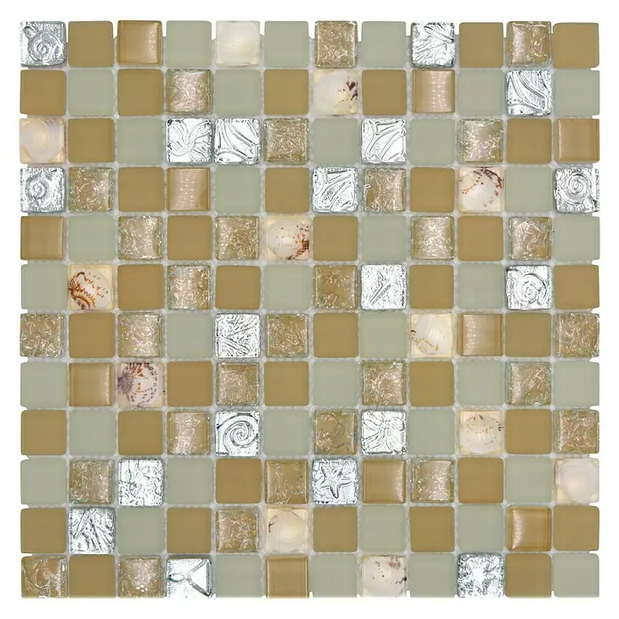 Mosaikfliese Quadrat Crystal XCM 8OP9 - 30 x 30 cm, Beige, Glänzend - Quadratische Mosaikfliese mit goldfarbenen, beigen und silbernen Akzenten, die eine dekorative Oberfläche für Badezimmer und Küchen bietet.