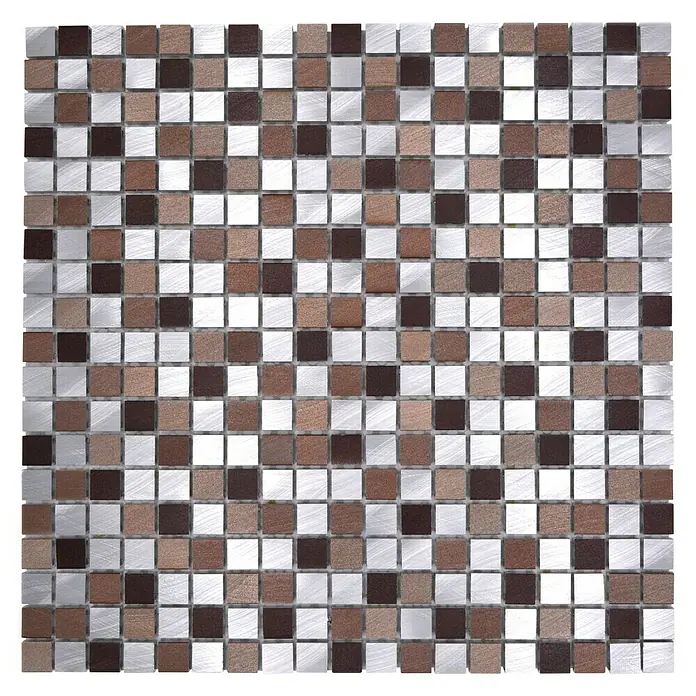 Mosaikfliese Mix XAM A971 - 31,7 x 31,7 cm, Kupfer, Matt - Bild einer quadratischen Mosaikfliese mit silbernen, braunen und dunkelbraunen quadratischen Stücken für ein modernes Design.