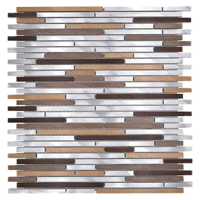Mosaikfliese Verbund Mix XAM A981 - 29,8 x 31,8 cm, Kupfer, Matt - Ein detailliertes Bild einer Wandfliese mit einem Mosaikmuster aus Silber-, Braun- und Goldtönen, ideal für stilvolle Innenräume.