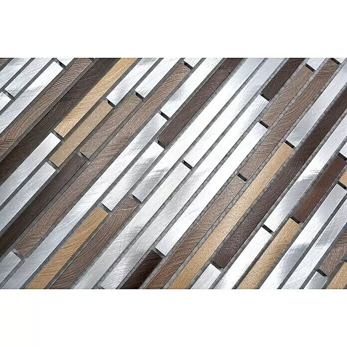 Mosaikfliese Verbund Mix XAM A981 - 29,8 x 31,8 cm, Kupfer, Matt - Diagonale Mosaikfliesen in gebürstetem Silber, Dunkelbraun und Hellbraun mit strukturierter Oberfläche.