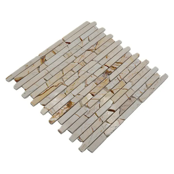 Mosaikfliese Golden Cream MOS BRICK 2807 - 30,5 x 32,2 cm, Cream, Matt - Ein Blatt mit rechteckigen Marmormosaikfliesen in Beige und Braun, die ein elegantes und natürliches Muster bilden.