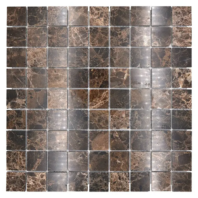 Mosaikfliese Quadrat MOS 32/2909 - 30,5 x 30,5 cm, Braun, Matt - Quadratisches Mosaik aus braunen Natursteinfliesen mit marmorierter Optik für Wand- und Bodenbeläge in Innenräumen.