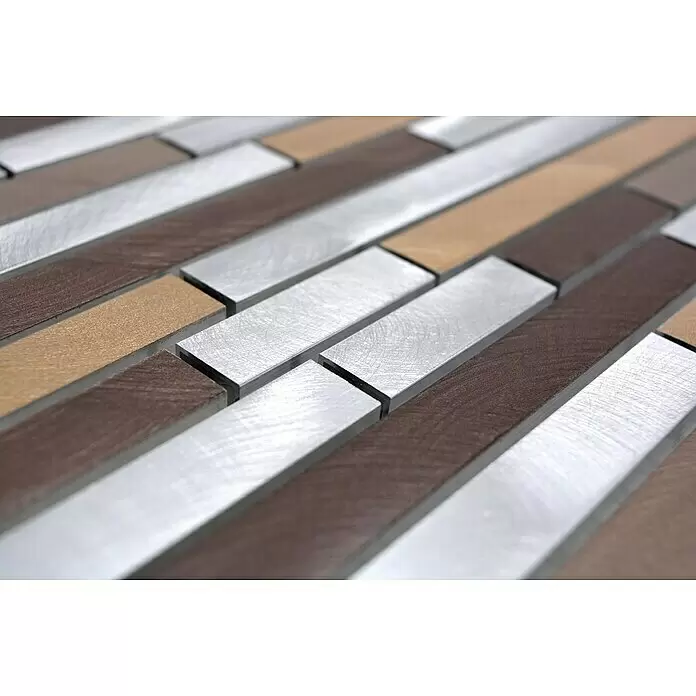 Mosaikfliese Verbund Mix XAM A991 - 29,8 x 33,8 cm, Kupfer, Matt - Mosaikfliesen mit abwechselnden gebürsteten silbernen, dunkelbraunen und bronzefarbenen Rechteckstreifen.