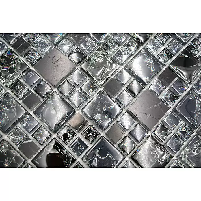 Mosaikfliese Crystal Mix XIC K1428 - 30,5 x 30,5 cm, Schwarz, Glänzend - Silberne und klare Mosaikfliesen, mit flachem Stein und texturierten, irisierenden Glasquadraten.