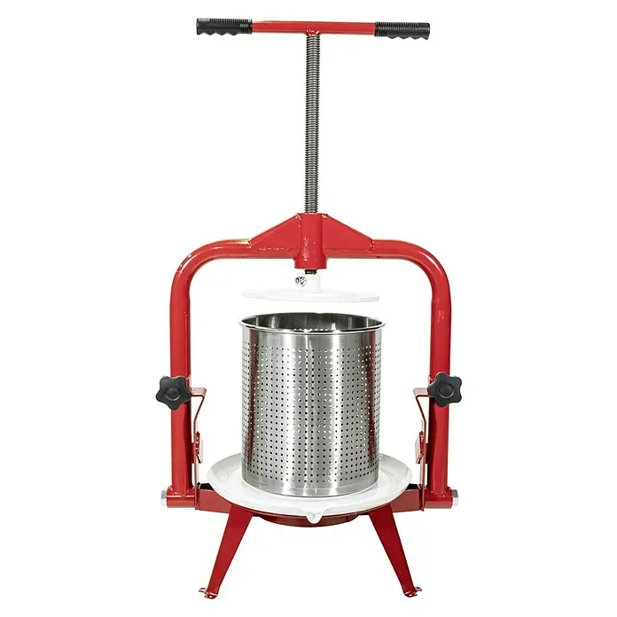 Güde Obstpresse OP 14 Inox - Fassungsvermögen: 14 l - Hier ist eine Obstpresse mit rotem Rahmen und einem Behälter aus Edelstahl. Ideal zum Entsaften von Früchten und Gemüse.