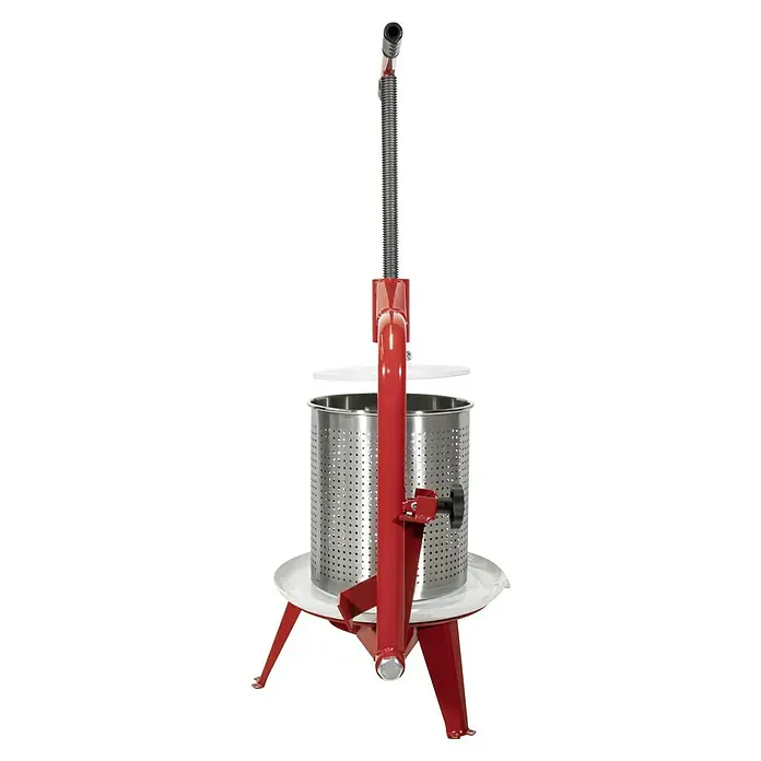 Güde Obstpresse OP 14 Inox - Fassungsvermögen: 14 l - Eine Weinkelter mit rotem Gestell und Edelstahlbehälter auf schwarzem Hintergrund. Ideal für die Weinherstellung.
