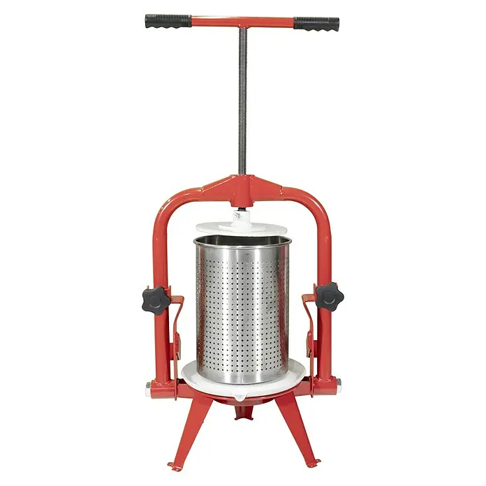 Güde Obstpresse OP 9 Inox - Fassungsvermögen: 9 l - Eine robuste Beerenpresse mit rotem Rahmen und Edelstahlkorb, ideal zur Saftherstellung aus Beeren und Obst.
