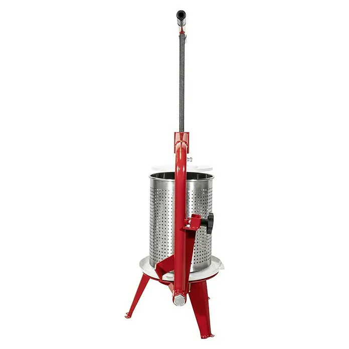 Güde Obstpresse OP 9 Inox - Fassungsvermögen: 9 l - Eine Weinkelter mit einem rot lackierten Rahmen, einem Edelstahlbehälter und einer langen Gewindespindel. Ideal für Weinliebhaber.