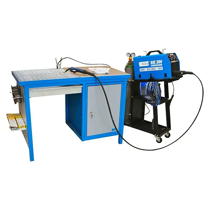 Güde Werkbank SW 1200/600 - L x B: 60 x 119 cm, Arbeitshöhe: 85 cm, Belastbarkeit: 500 kg, Blau - Güde GIS 200 Schweißtechnik mit Schweißtisch. Vielseitiges Schweißgerät für MMA, MIG/MAG und WIG-Anwendungen mit praktischem Zubehör.