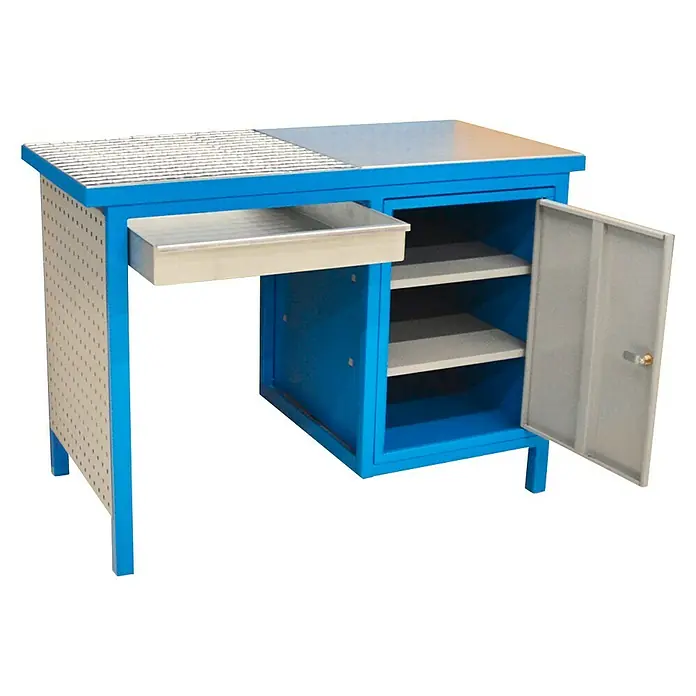 Güde Werkbank SW 1200/600 - L x B: 60 x 119 cm, Arbeitshöhe: 85 cm, Belastbarkeit: 500 kg, Blau - Blauer Werkzeugtisch mit Schublade, Lochwand und Schrank mit zwei Regalen, ideal für Werkstätten und Hobbyräume.