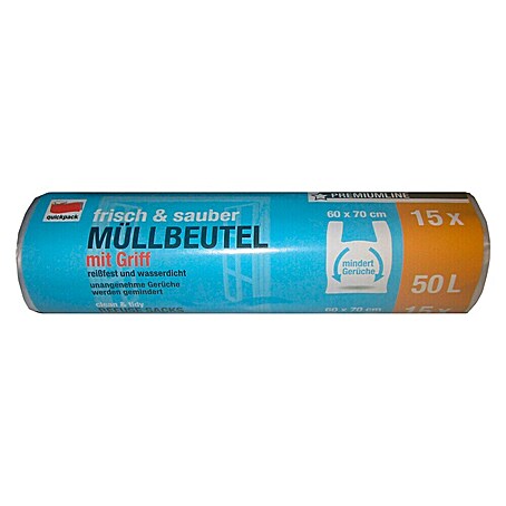 Quickpack Müllbeutel mit Griff frisch & sauber (Fassungsvermögen: 50 l, 15 Stk., Transparent)