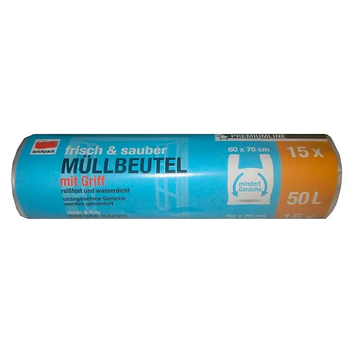Quickpack Müllbeutel mit Griff frisch & sauber - Fassungsvermögen: 50 l, 15 Stk., Transparent - Müllbeutelrolle "frisch & sauber" mit Griff, Premiumqualität, 15 Stück, 50 Liter, reißfest und wasserdicht, mindert Gerüche.