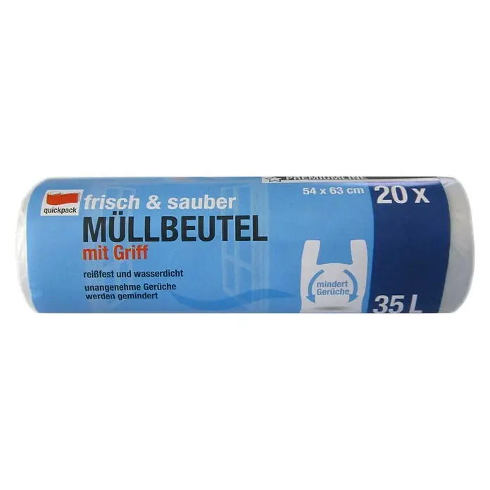 Quickpack Müllbeutel mit Griff frisch & sauber - Fassungsvermögen: 35 l, 20 Stk., Transparent - Abbildung einer Rolle Quickpack Müllbeutel „frisch & sauber“ mit Griff, 20 Stück, 35 Liter, reißfest und wasserdicht.