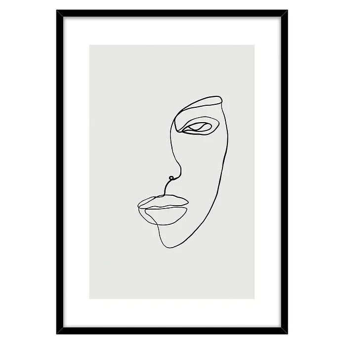 Bild - Linear I, B x H: 50 x 70 cm - Schwarzer Rahmen mit einem minimalistischen Kunstdruck, der ein abstraktes Frauengesicht mit einer einzigen durchgehenden Linie darstellt.