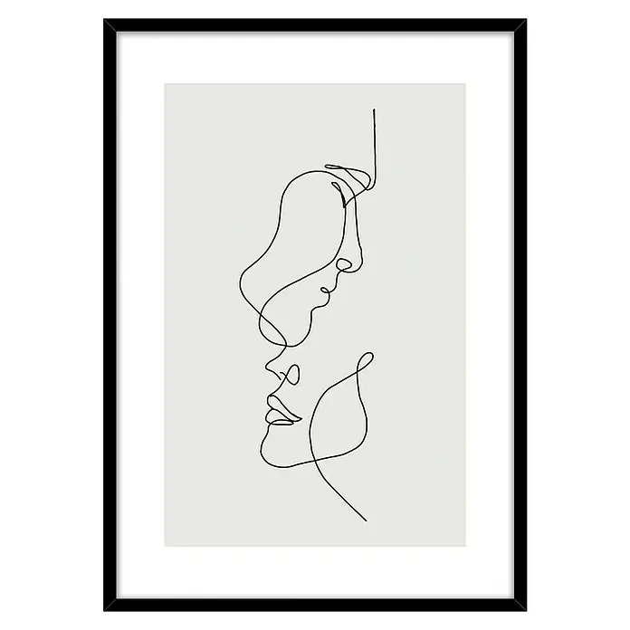 Bild - Linear II, B x H: 50 mm x 70 cm - Gerahmte minimalistische Kunstdruck mit einem eleganten, durchgehenden Liniendesign zweier Gesichter auf hellgrauem Hintergrund.