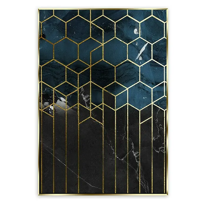 Bild Artbox - Cubes II, B x H: 50 x 70 cm - Elegantes Dekorationsstück mit einem abstrakten Design aus goldenen geometrischen Formen auf marmoriertem blau-schwarzem Hintergrund.