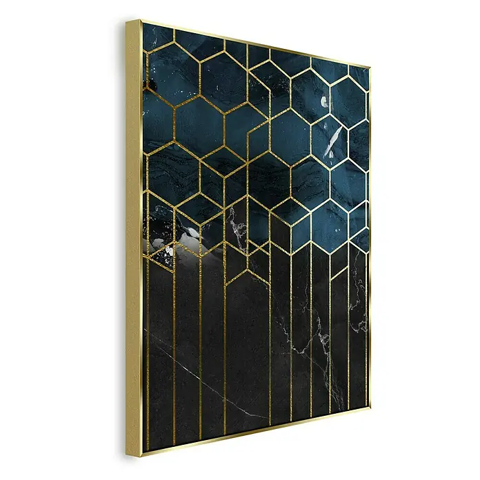 Bild Artbox - Cubes II, B x H: 50 x 70 cm - Dekoratives Wandbild mit goldenem Rahmen und abstraktem Muster in Blau- und Schwarztönen. Ein stilvolles Accessoire für moderne Wohnräume.