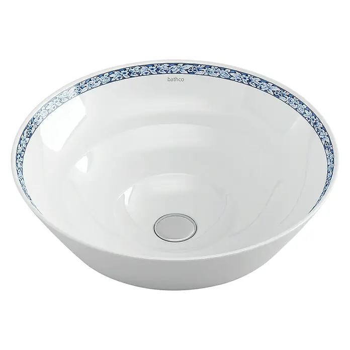 Bathco Lavabo de sobremesa Nápoles - Diámetro: 43 cm, Blanco - Elegante lavabo con borde decorativo azul y blanco. Su diseño elegante es perfecto para cualquier baño, añadiendo lujo y exclusividad.