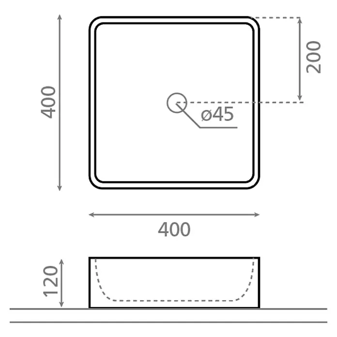 Bathco Lavabo de sobremesa Park - An x L: 40 x 40 cm, Blanco - Dibujo técnico de un lavabo cuadrado con esquinas redondeadas, mostrando dimensiones de 400 x 400 x 120 mm.