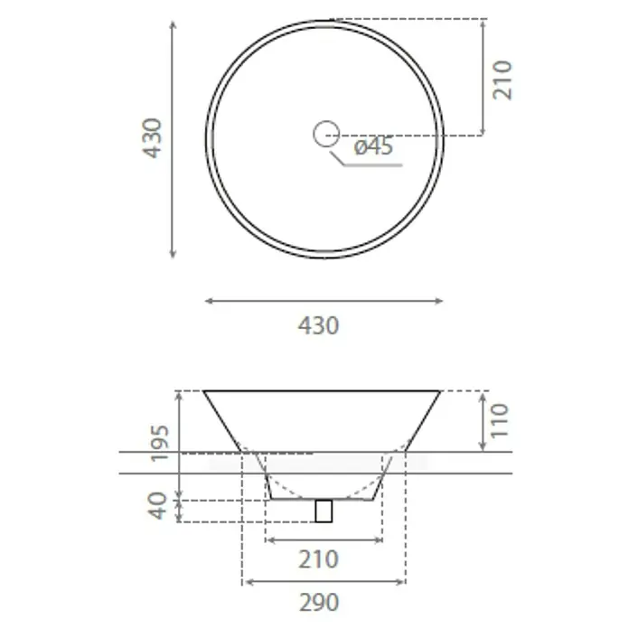 Bathco Lavabo de sobremesa Nápoles - Diámetro: 43 cm, Blanco - Dibujo técnico de un lavabo redondo con dimensiones de 430 mm de diámetro, 110 mm de altura y un orificio de drenaje de 45 mm.