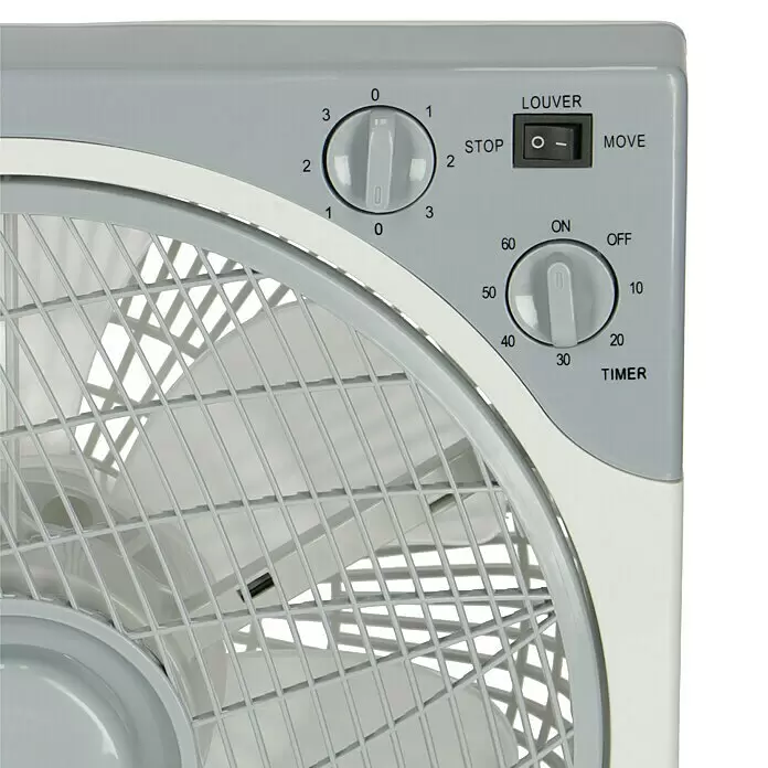 PR Klima Ventilador de suelo Box Fan - 50 W, Blanco/gris, 30 cm - Ventilador de caja de plástico gris y blanco con controles giratorios para velocidad (0-3), movimiento de lamas y temporizador (10-60 minutos).