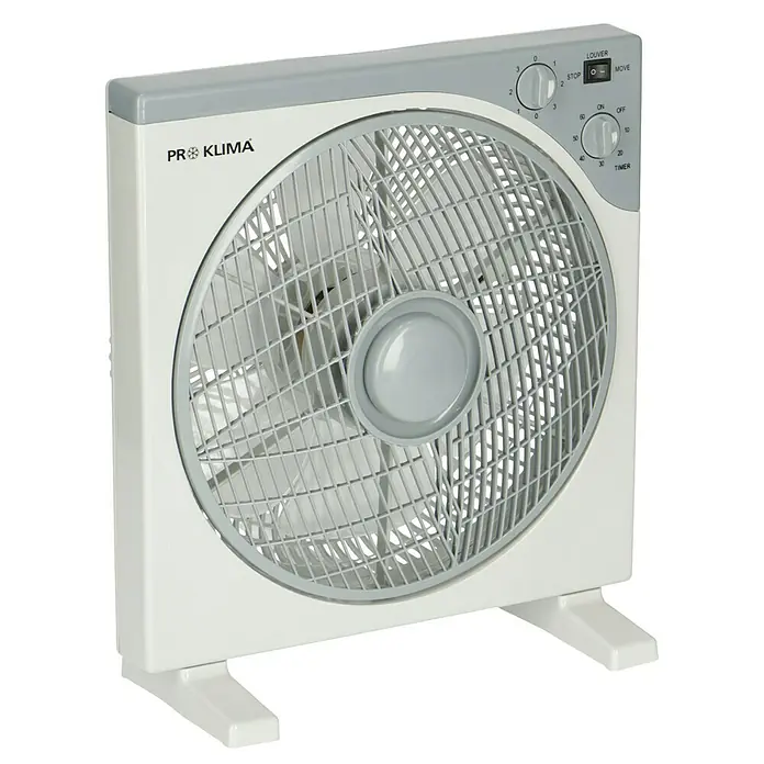 PR Klima Ventilador de suelo Box Fan - 50 W, Blanco/gris, 30 cm - La imagen muestra un ventilador de caja portátil Pro Klima blanco con una rejilla y controles grises, ideal para soluciones de refrigeración personal.