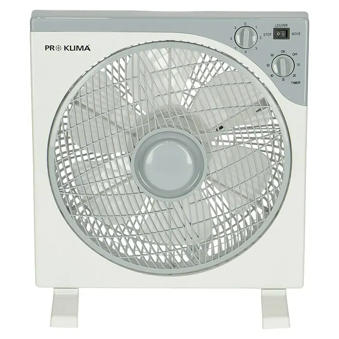 PR Klima Ventilador de suelo Box Fan - 50 W, Blanco/gris, 30 cm - Una vista cercana de un ventilador de caja Pro Klima blanco, con detalles grises y botones de control para ajustar la velocidad y el temporizador.