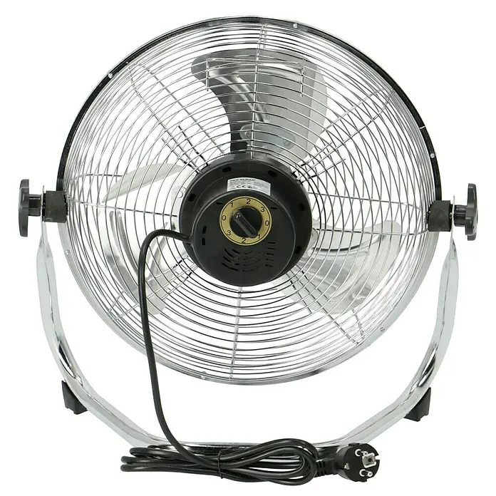 PR Klima Ventilador de suelo Speed - 40 W, Plateado, 30 cm - Primer plano de un ventilador cromado con un selector de control de velocidad.