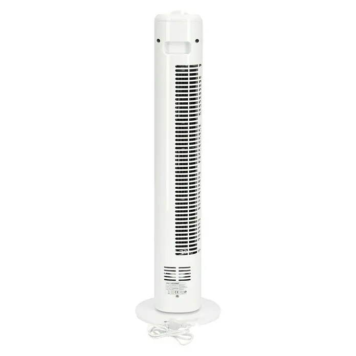 Proklima Turmventilator - Weiß, Höhe: 78 cm, 45 W - Ein schlanker, weißer Turmventilator ist auf einem runden Sockel platziert. Der Ventilator hat Luftschlitze an der Vorderseite für eine optimale Luftzirkulation.