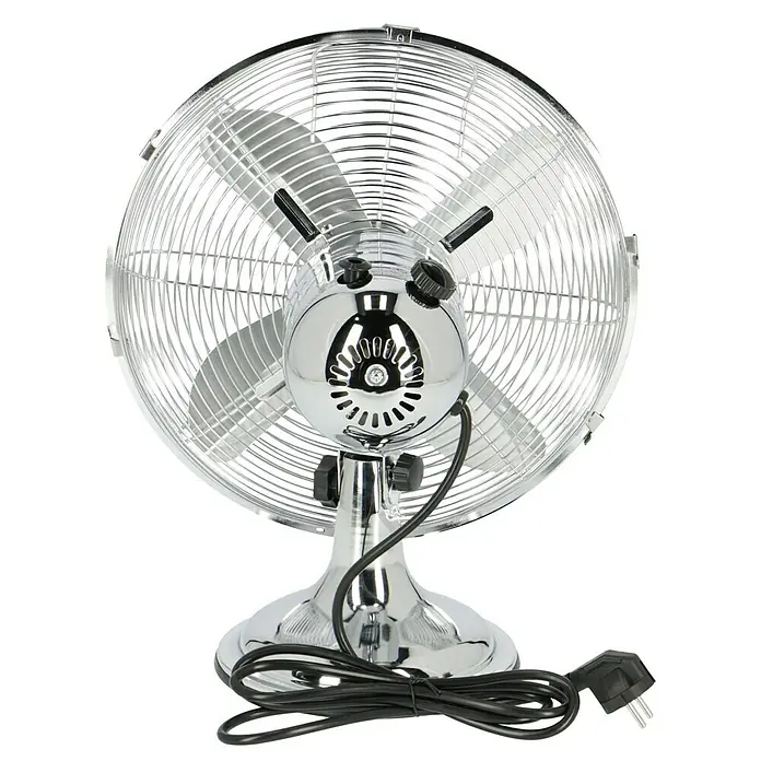 Voltomat Tischventilator - Silber, 30 cm - Silberner Ventilator auf schwarzem Hintergrund.