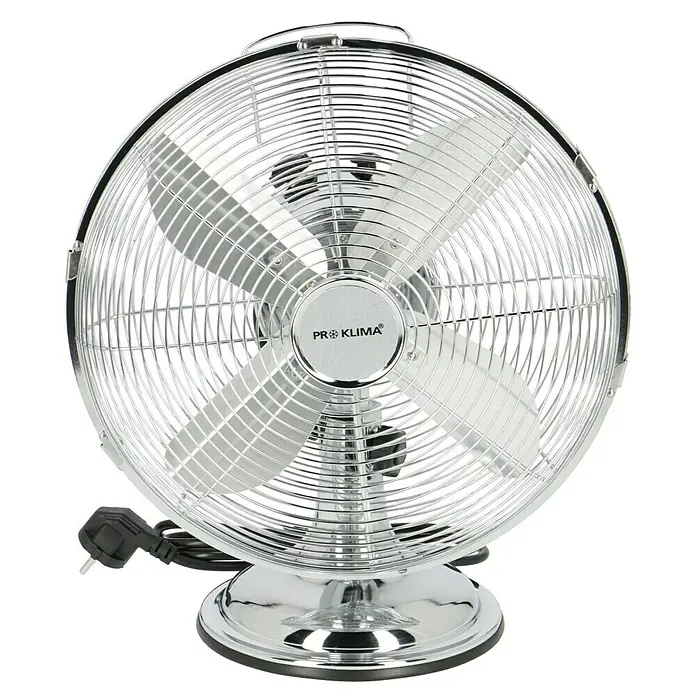 Voltomat Tischventilator - Silber, 30 cm - Nahaufnahme eines silbernen Pro Klima Ventilators mit drei Flügeln und einem runden Gitter, das die Flügel schützt.