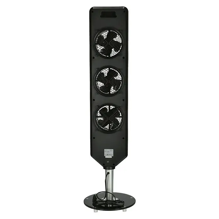 Proklima Turmventilator - Schwarz, 112,4 cm - Ein Standventilator mit drei Lüftern und einem schlanken, modernen Design. Der Ventilator ist schwarz mit einem silbernen Standfuß.