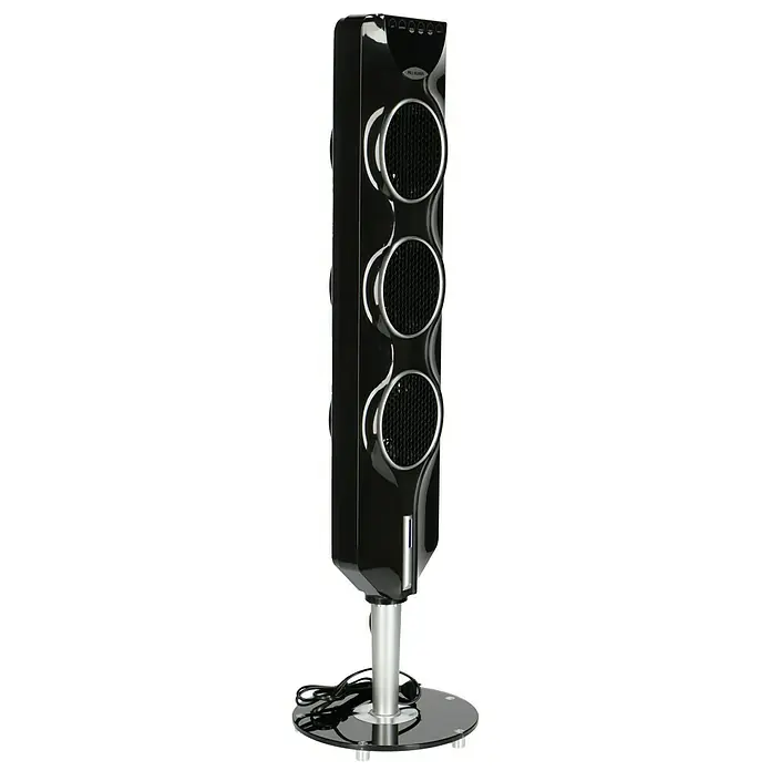 Proklima Turmventilator - Schwarz, 112,4 cm - Schlanker, schwarzer Turmventilator mit silbernen Akzenten und runden Öffnungen, ideal für moderne Wohnräume.