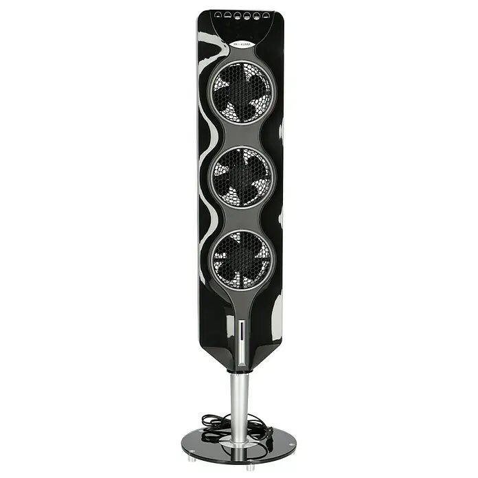 Proklima Turmventilator - Schwarz, 112,4 cm - Schwarzer Turmventilator mit drei Lüftern und silbernem Standfuß. Das Gerät hat ein modernes und auffälliges Design für Wohnräume.