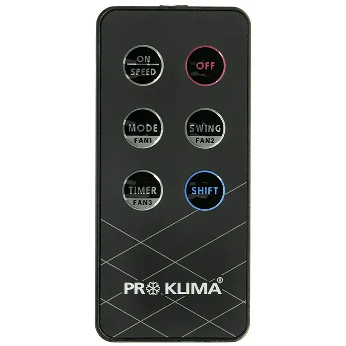 Proklima Turmventilator - Schwarz, 112,4 cm - Nahaufnahme der Fernbedienung für ein Pro Klima Gerät mit verschiedenen Tasten für Funktionen wie Geschwindigkeit, Modus und Timer.