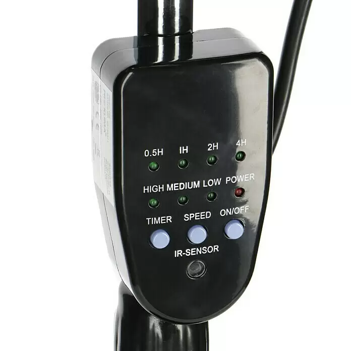 PR Klima Ventilador de pie Speed II - Negro, 45 cm, 135 cm - Panel de control negro con botones de temporizador, velocidad, encendido/apagado, luces indicadoras y sensor IR.