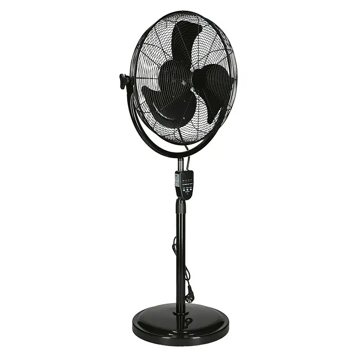 PR Klima Ventilador de pie Speed II - Negro, 45 cm, 135 cm - Un ventilador de pie negro con una rejilla protectora redonda y un panel de control en el soporte.